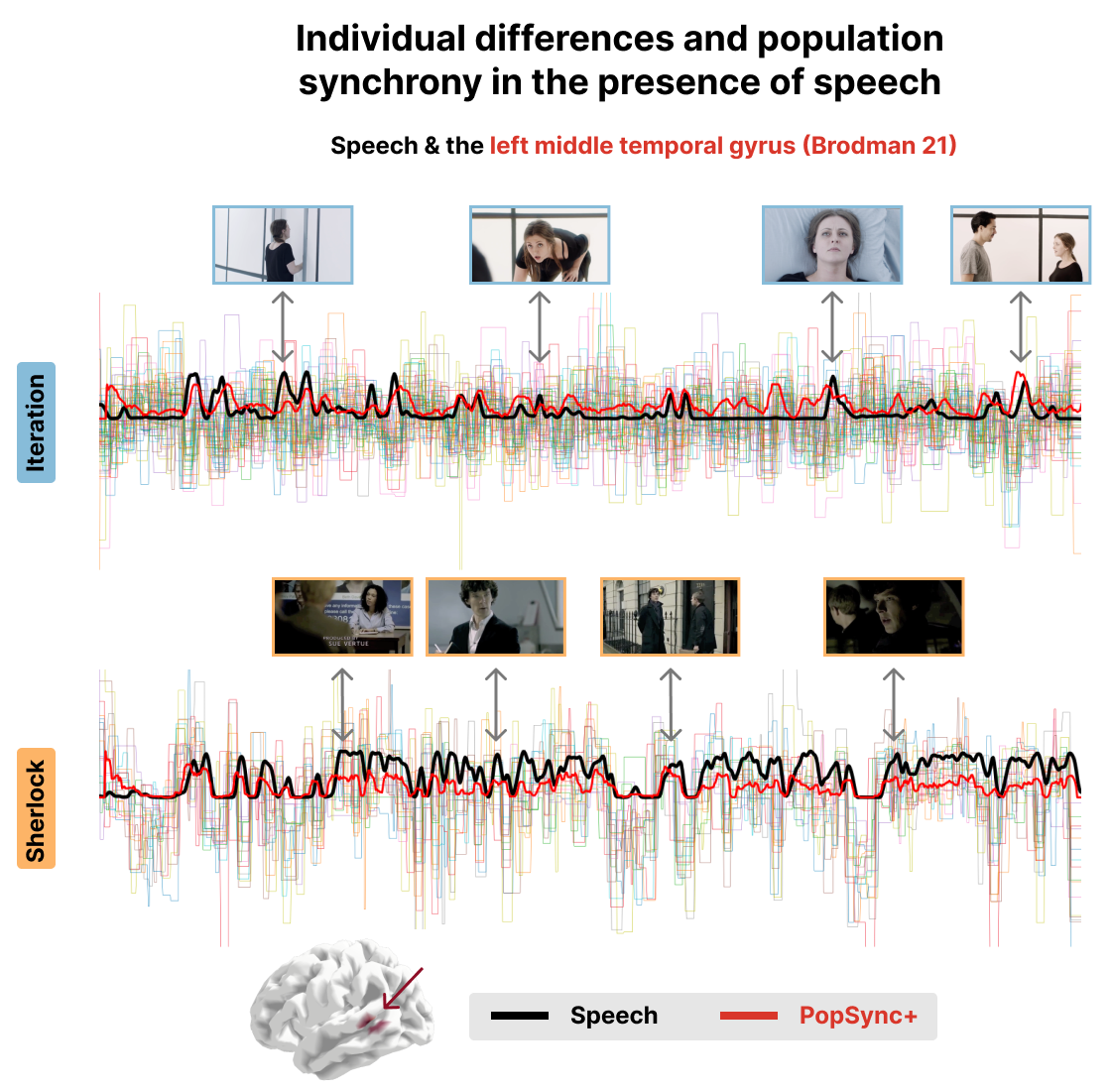 Time series of the estimated activity-inducing signal for each
subject in the left middle temporal gyrus (Brodman 21 area) for the
Iteration (top) and Sherlock (bottom) datasets. The black
lines represent the speech events in the movie. The red lines represent the
PopSync+, i.e., the sum across subjects of the activity-inducing signal that
evokes a positive BOLD response in each parcel. Representative instances of the
movies and their respective Speech and PopSync+ TRs are shown for both
datasets.